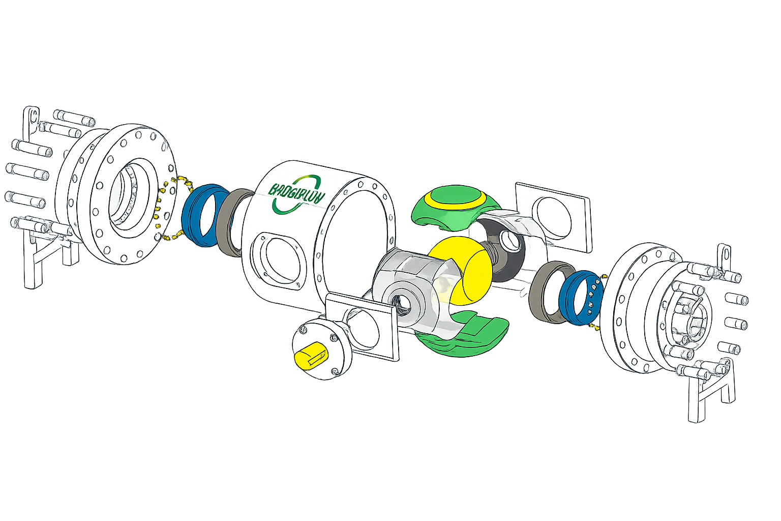 Exploded view diagram of BridgeFlow valve showing component breakdown with color-coded parts
